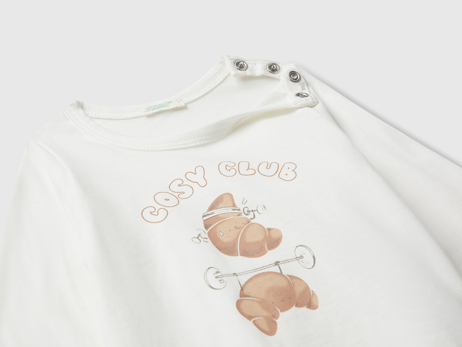 Benetton Bebek Beyaz Önü Baskılı Gizli Düğmeli Uzun Kollu T-shirt