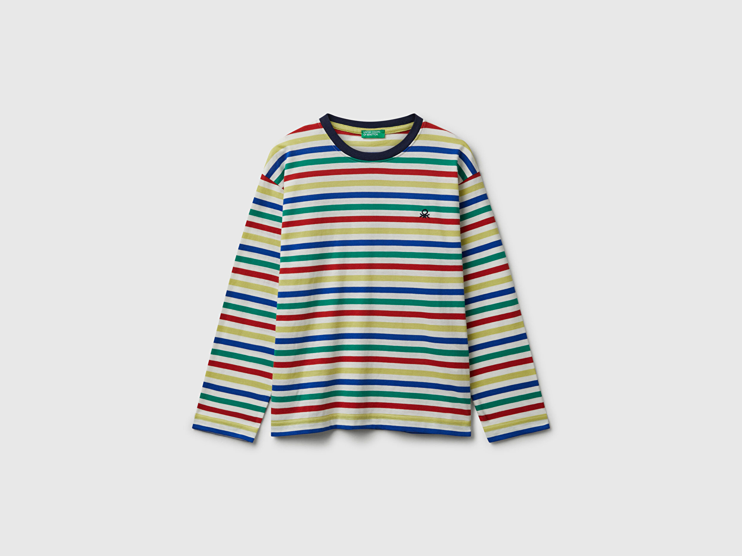Benetton Erkek Çocuk Beyaz Mix Çizgili Logo Detaylı Nervürlü Uzun Kollu T-shirt