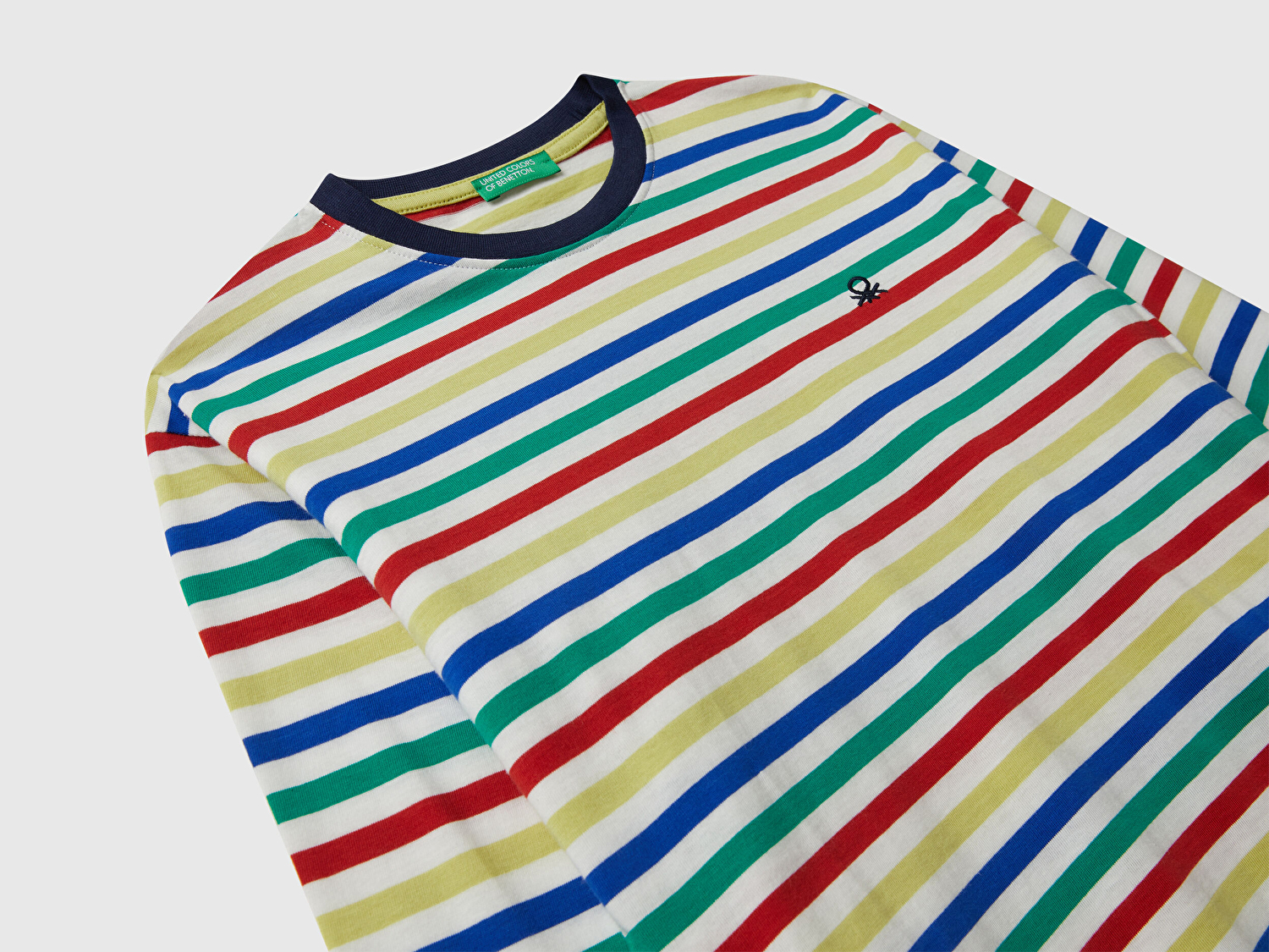 Benetton Erkek Çocuk Beyaz Mix Çizgili Logo Detaylı Nervürlü Uzun Kollu T-shirt
