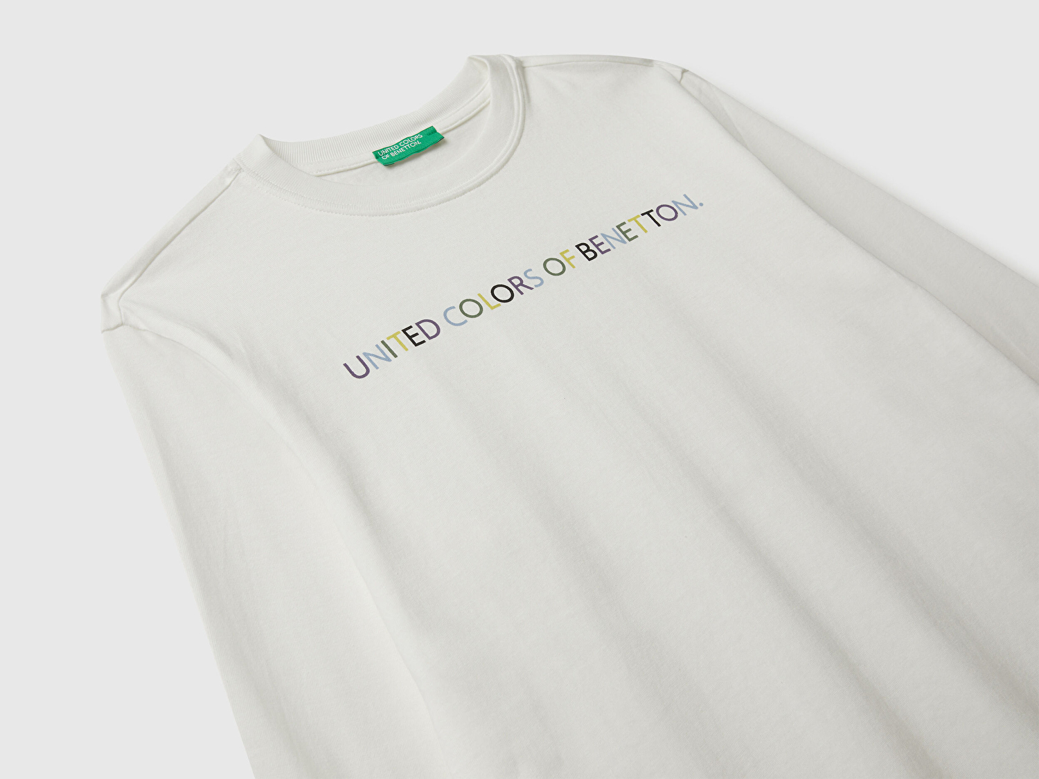 Benetton Erkek Çocuk Ekru Önü Logo Baskılı Bisiklet Yaka Jarse Uzun Kollu T-shirt