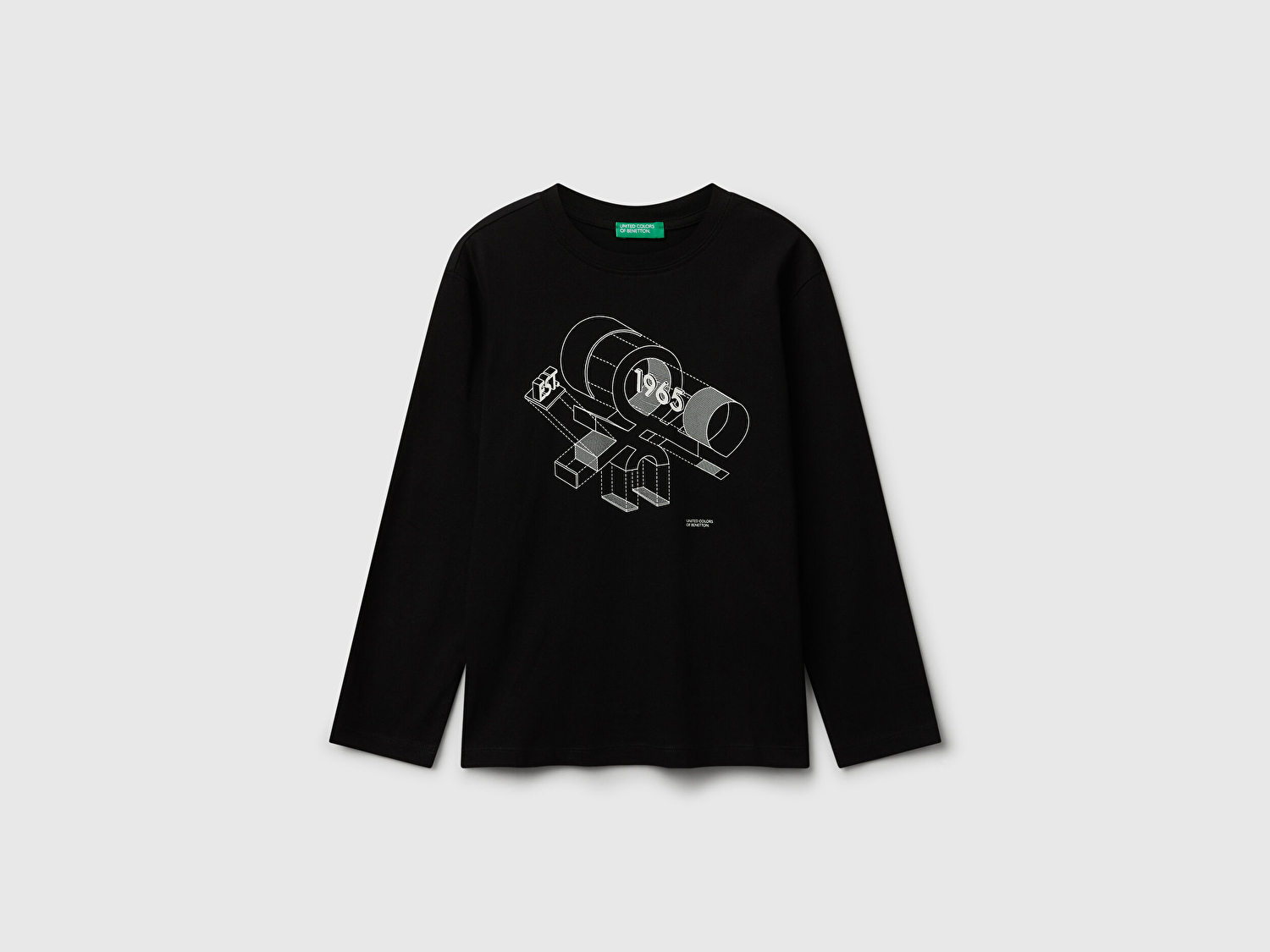 Benetton Erkek Çocuk Siyah Önü Logo Baskılı Bisiklet Yaka Jarse Uzun Kollu T-shirt