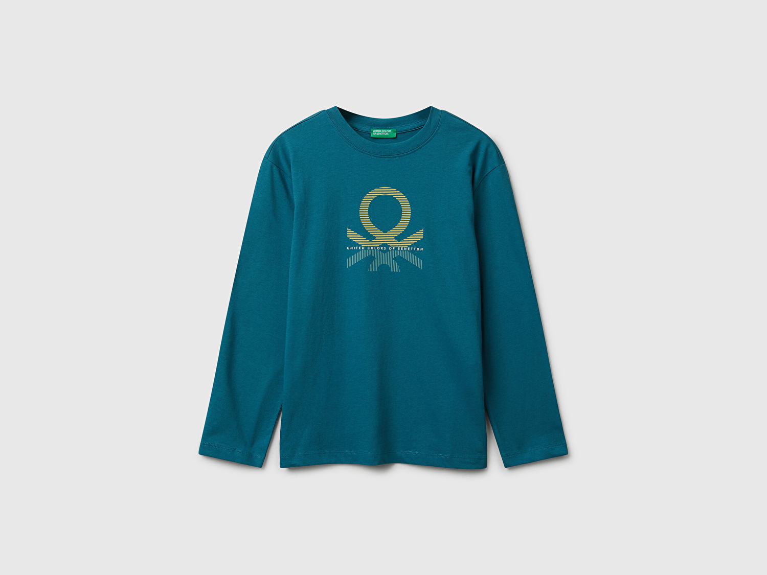 Benetton Erkek Çocuk Petrol Mavisi Önü Logo Baskılı Bisiklet Yaka Jarse Uzun Kollu T-shirt