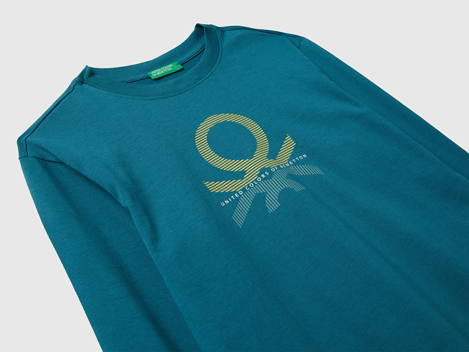 Benetton Erkek Çocuk Petrol Mavisi Önü Logo Baskılı Bisiklet Yaka Jarse Uzun Kollu T-shirt
