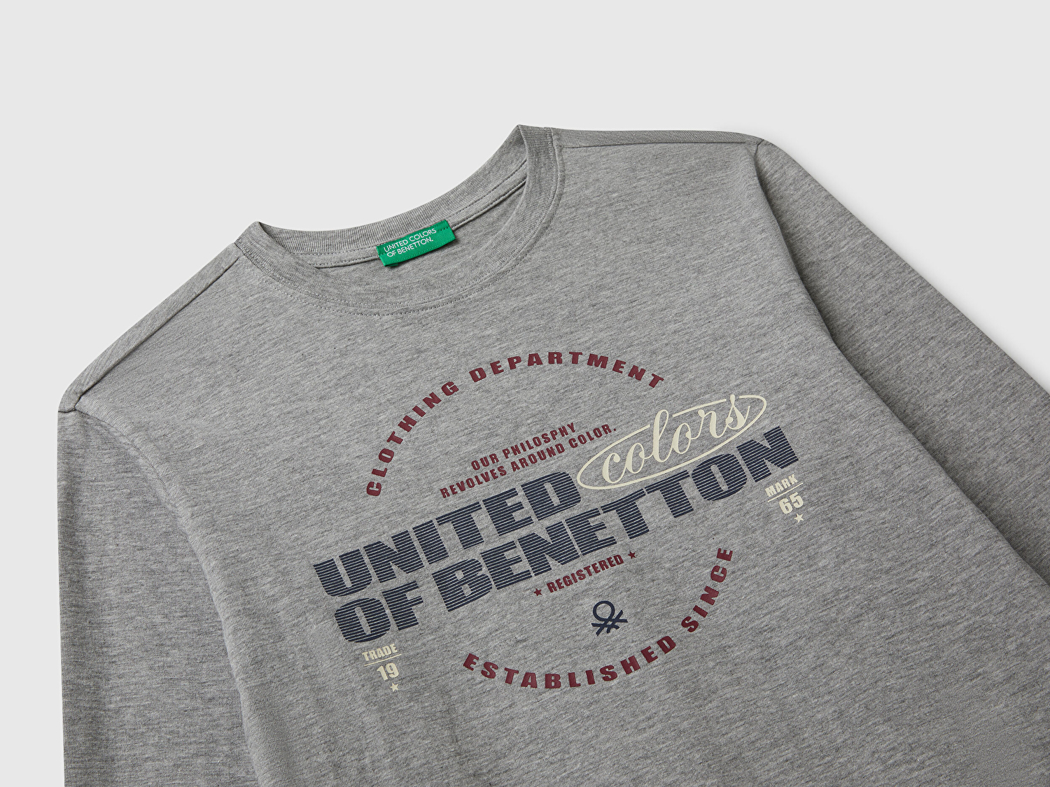 Benetton Erkek Çocuk Gri Melanj Önü Logo Baskılı Bisiklet Yaka Jarse Uzun Kollu T-shirt