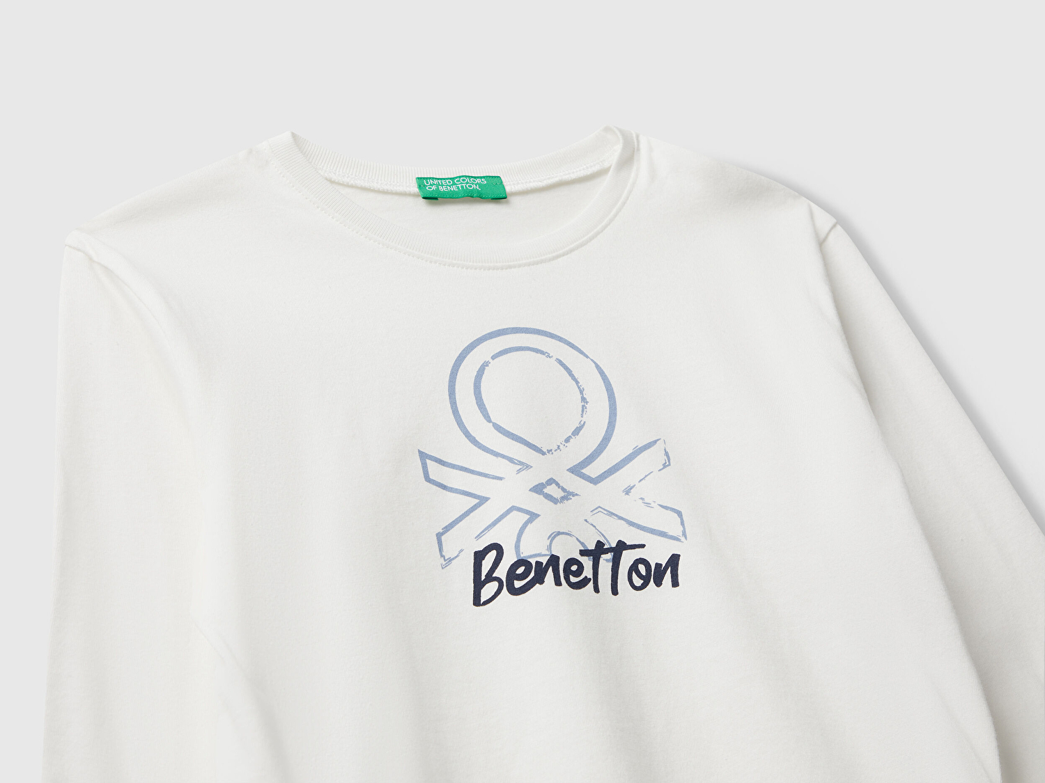 Benetton Erkek Bebek Ekru Organik Pamuklu Önü Logo Baskılı Uzun Kollu Jarse T-shirt