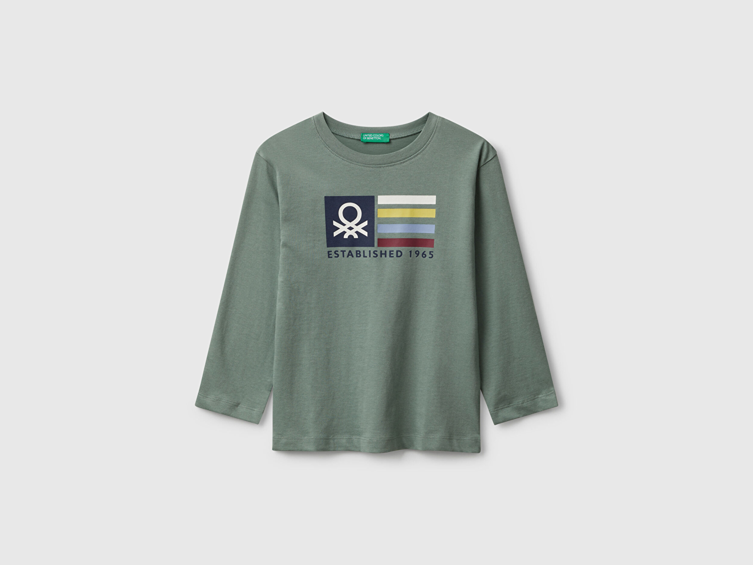 Benetton Erkek Bebek Haki Organik Pamuklu Önü Logo Baskılı Uzun Kollu Jarse T-shirt