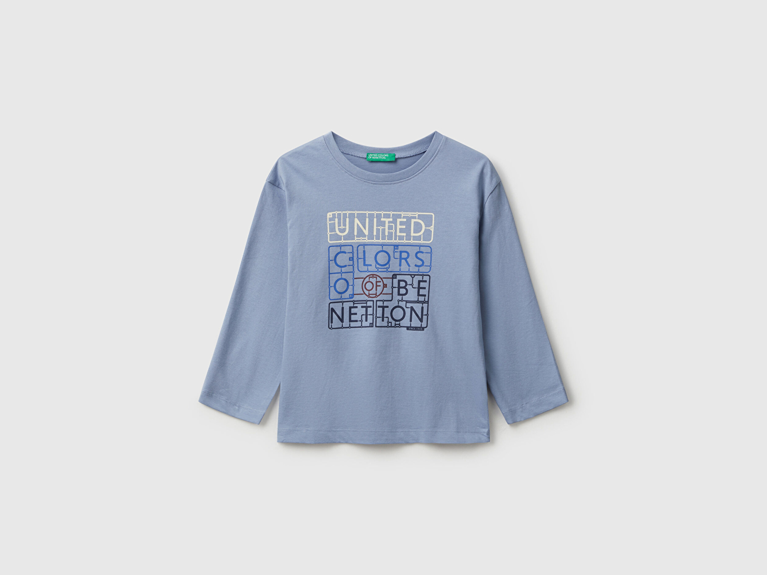 Benetton Erkek Bebek Mavi Organik Pamuklu Önü Logo Baskılı Uzun Kollu Jarse T-shirt