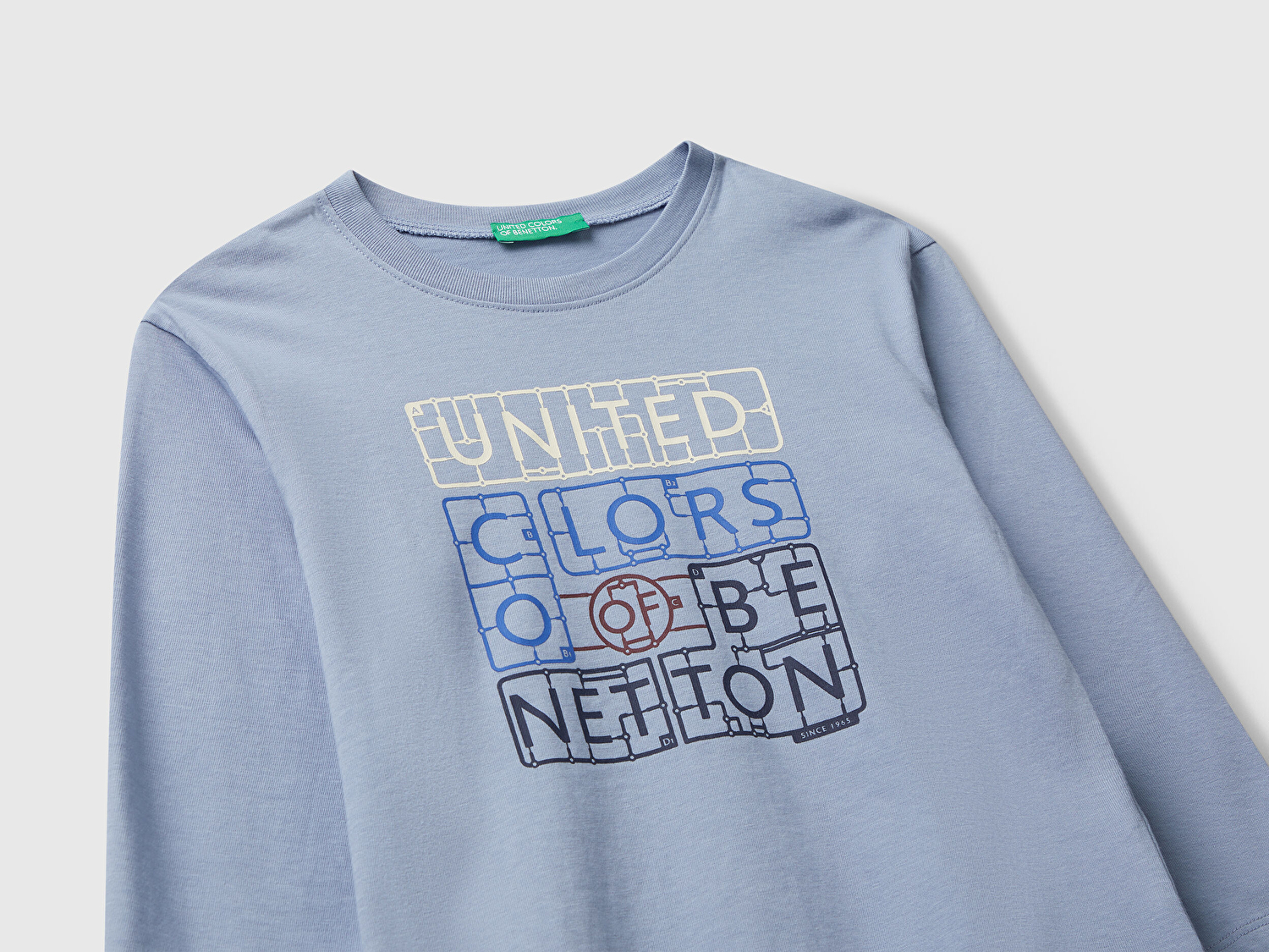 Benetton Erkek Bebek Mavi Organik Pamuklu Önü Logo Baskılı Uzun Kollu Jarse T-shirt