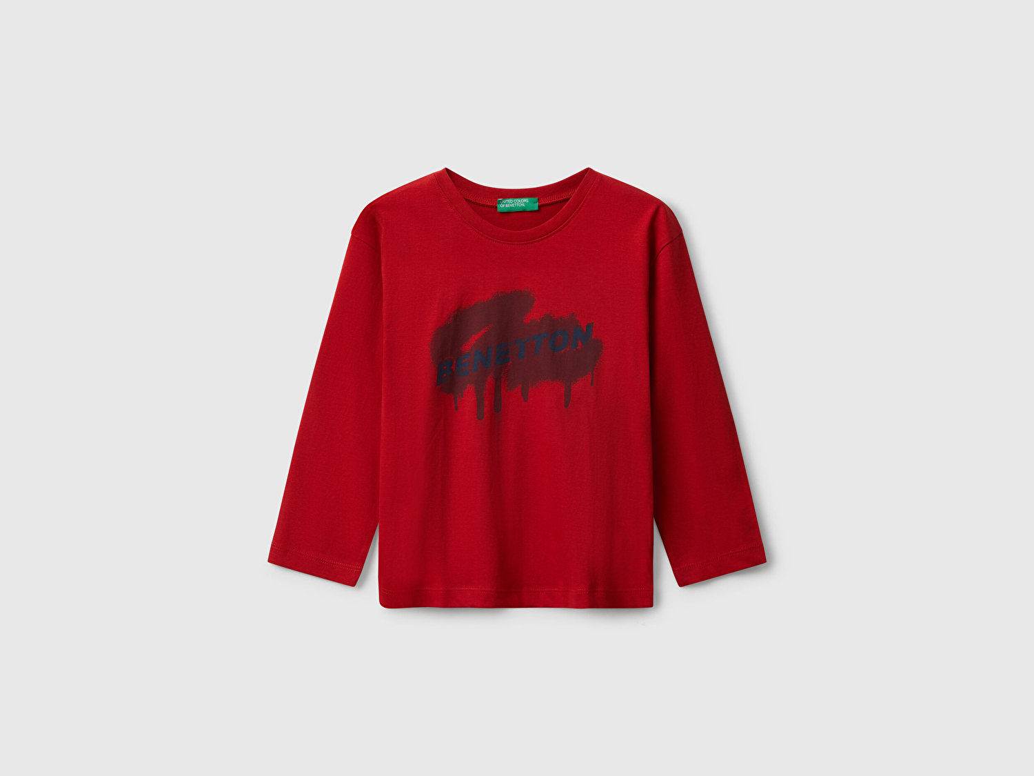 Benetton Erkek Bebek Kırmızı Organik Pamuklu Önü Logo Baskılı Uzun Kollu Jarse T-shirt