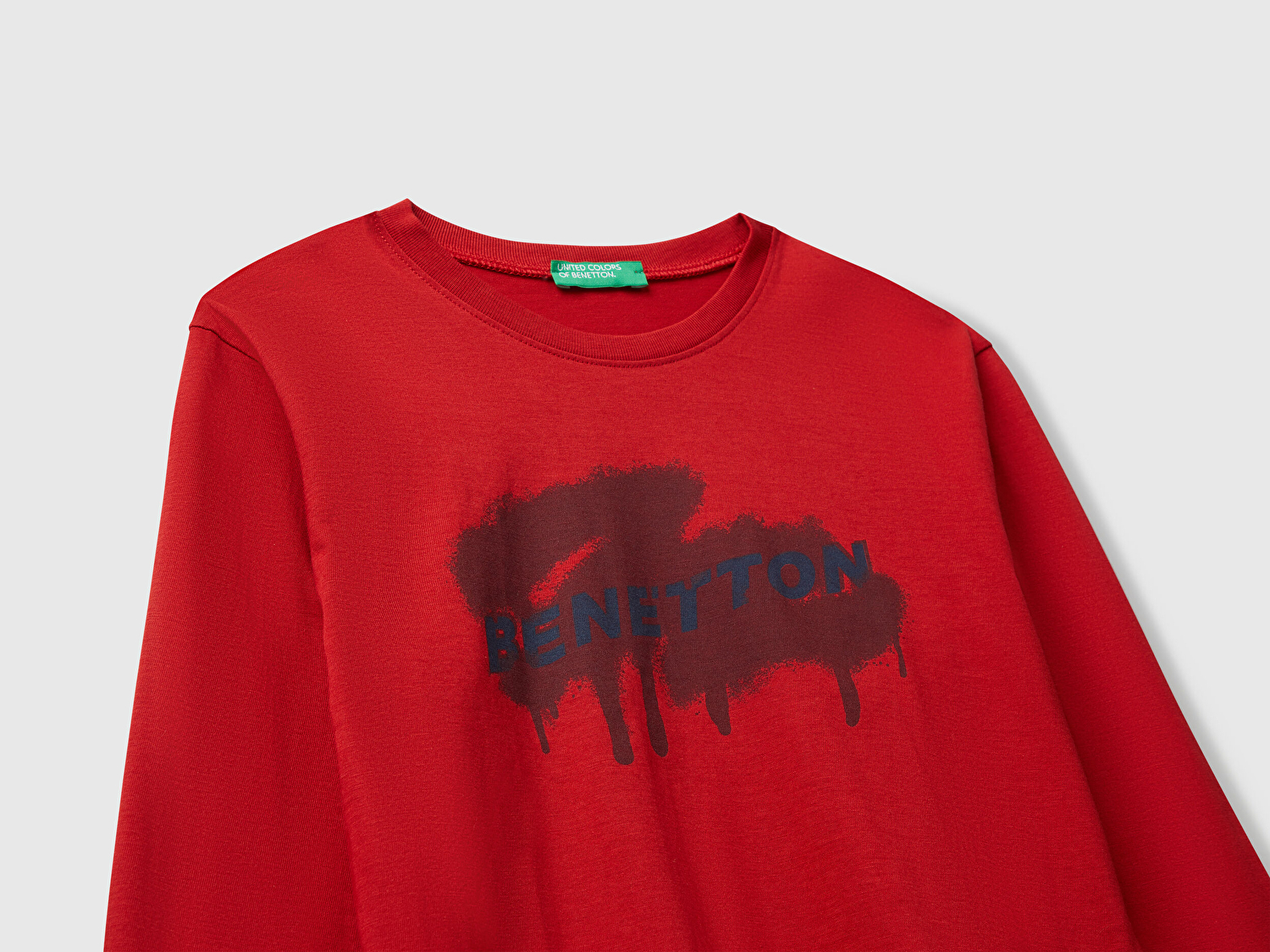 Benetton Erkek Bebek Kırmızı Organik Pamuklu Önü Logo Baskılı Uzun Kollu Jarse T-shirt