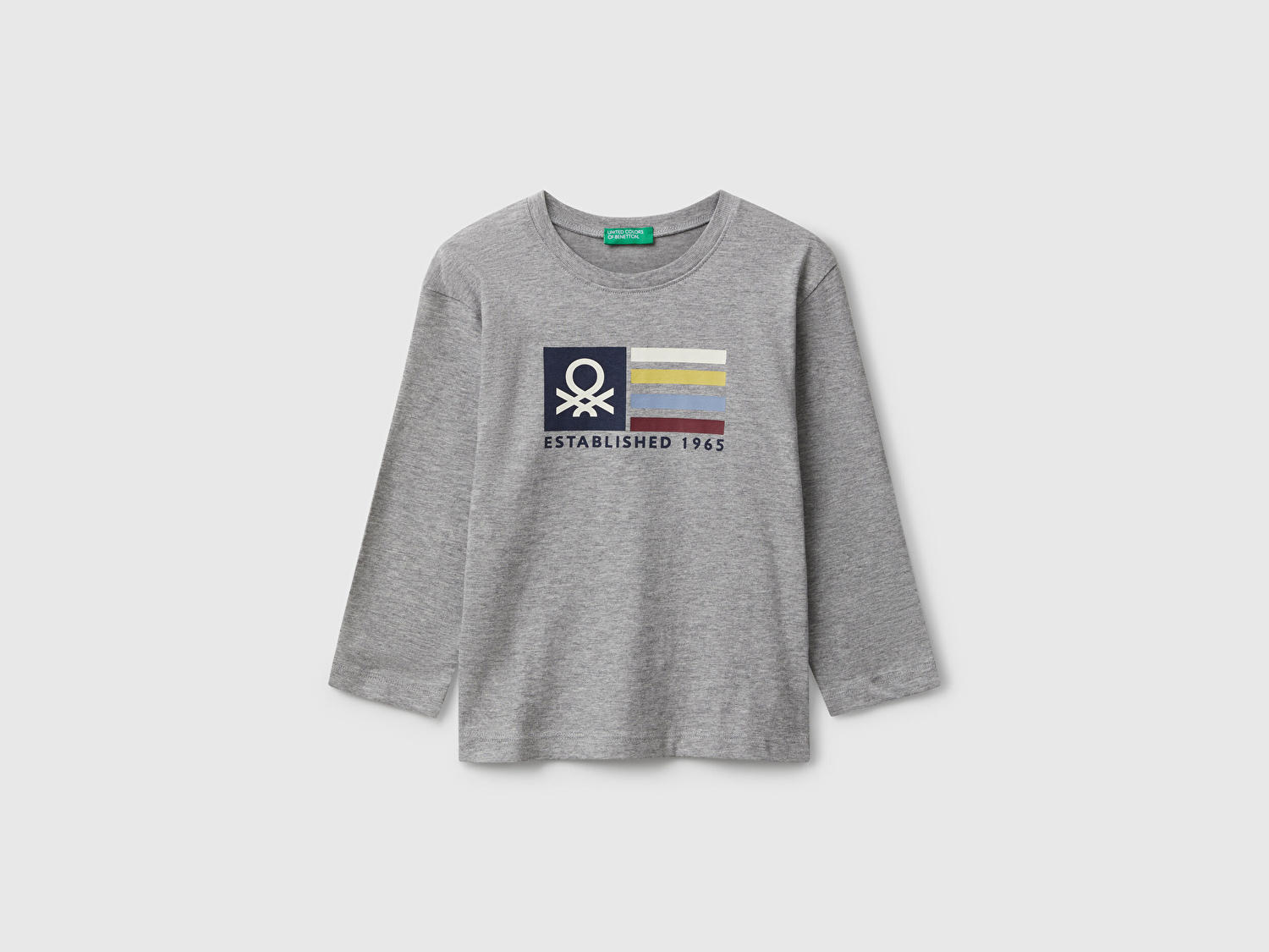 Benetton Erkek Bebek Gri Melanj Organik Pamuklu Önü Logo Baskılı Uzun Kollu Jarse T-shirt