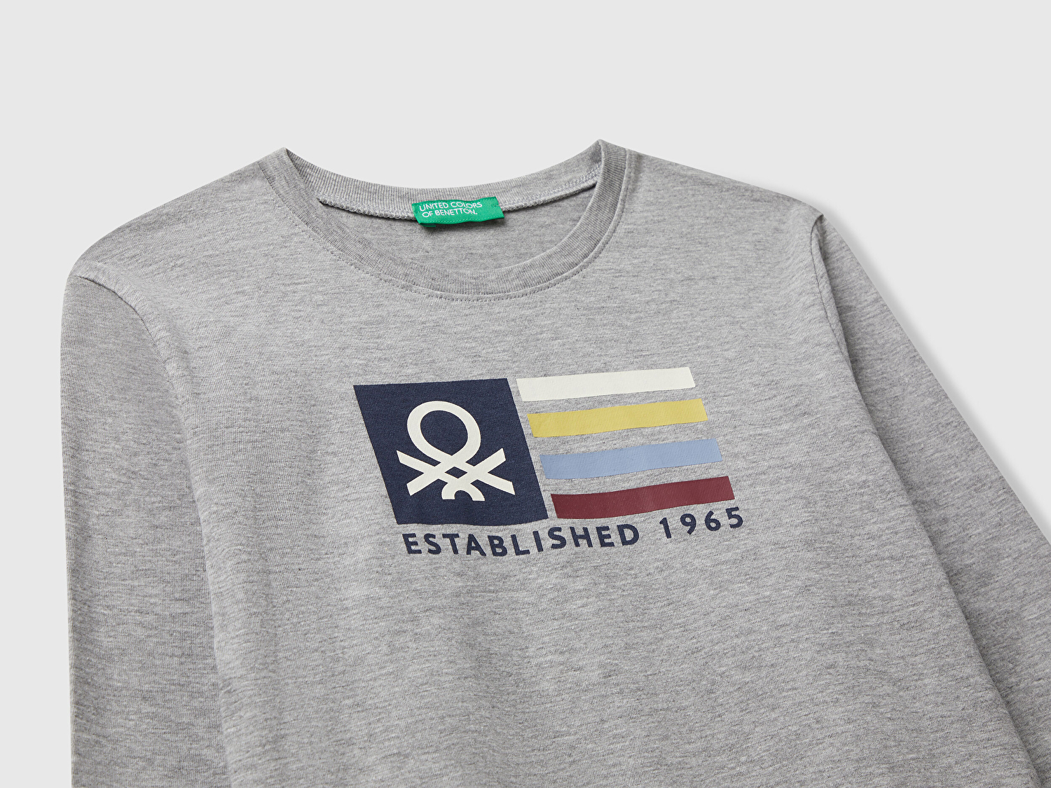 Benetton Erkek Bebek Gri Melanj Organik Pamuklu Önü Logo Baskılı Uzun Kollu Jarse T-shirt
