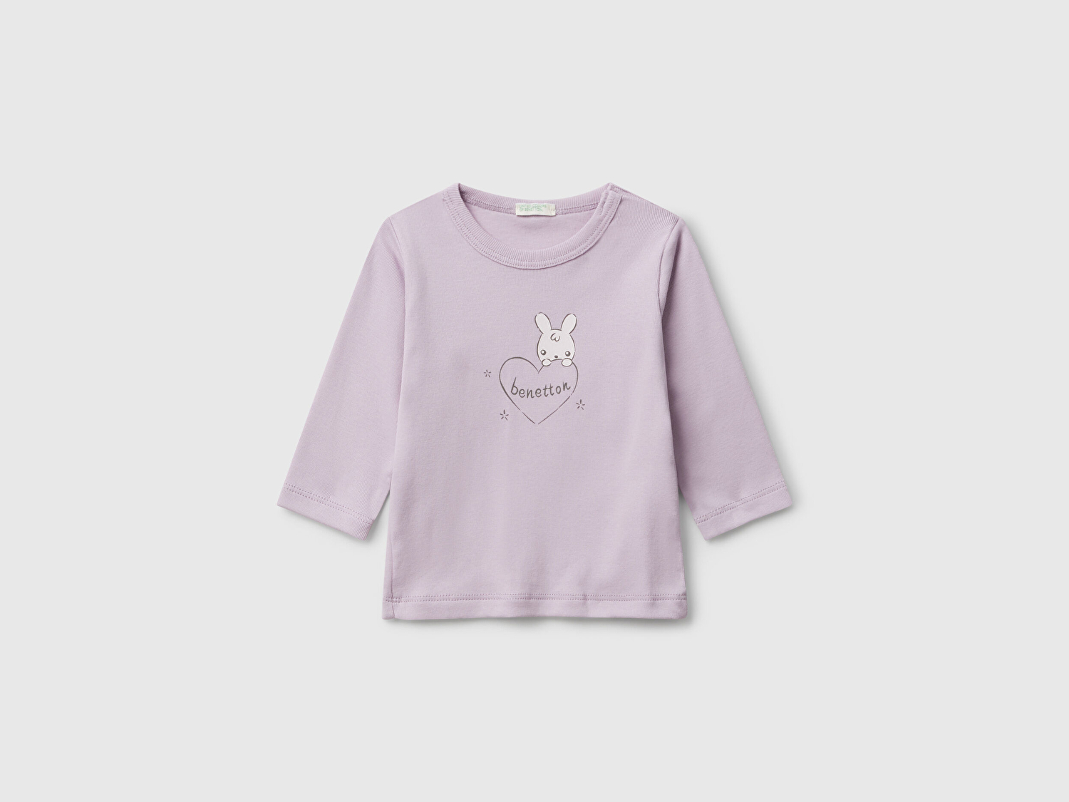 Benetton Bebek Lila Logo Baskılı Omzu Çıtçıtlı Bisiklet Yaka Uzun Kollu T-shirt