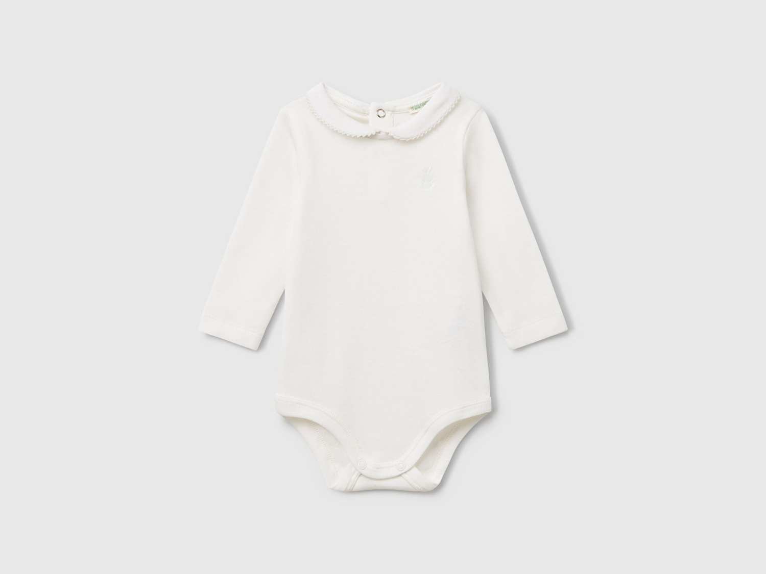 Benetton Bebek Ekru Önü Logo İşlemeli Çıtçıtlı Bebek Yaka Uzun Kollu Body