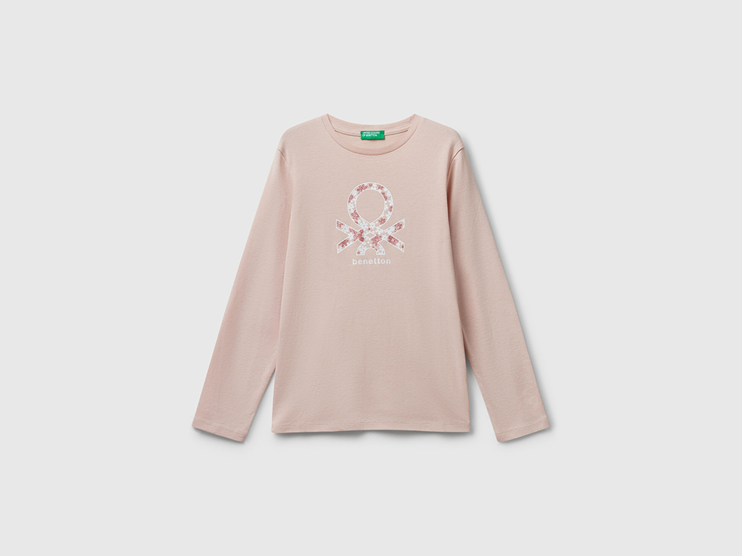 Benetton Kız Çocuk Toz Pembe Parıltılı Logo Baskılı Regular Fit Uzun Kollu T-shirt