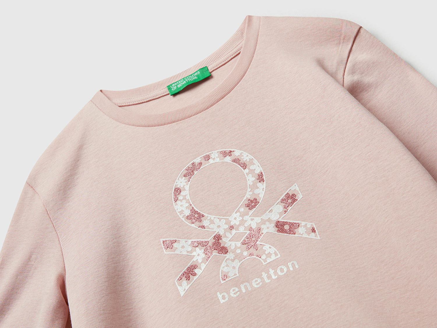 Benetton Kız Çocuk Toz Pembe Parıltılı Logo Baskılı Regular Fit Uzun Kollu T-shirt