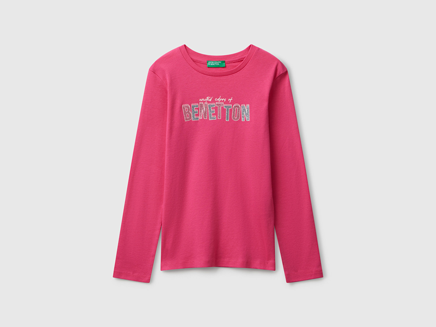 Benetton Kız Çocuk Pembe Parıltılı Logo Baskılı Regular Fit Uzun Kollu T-shirt