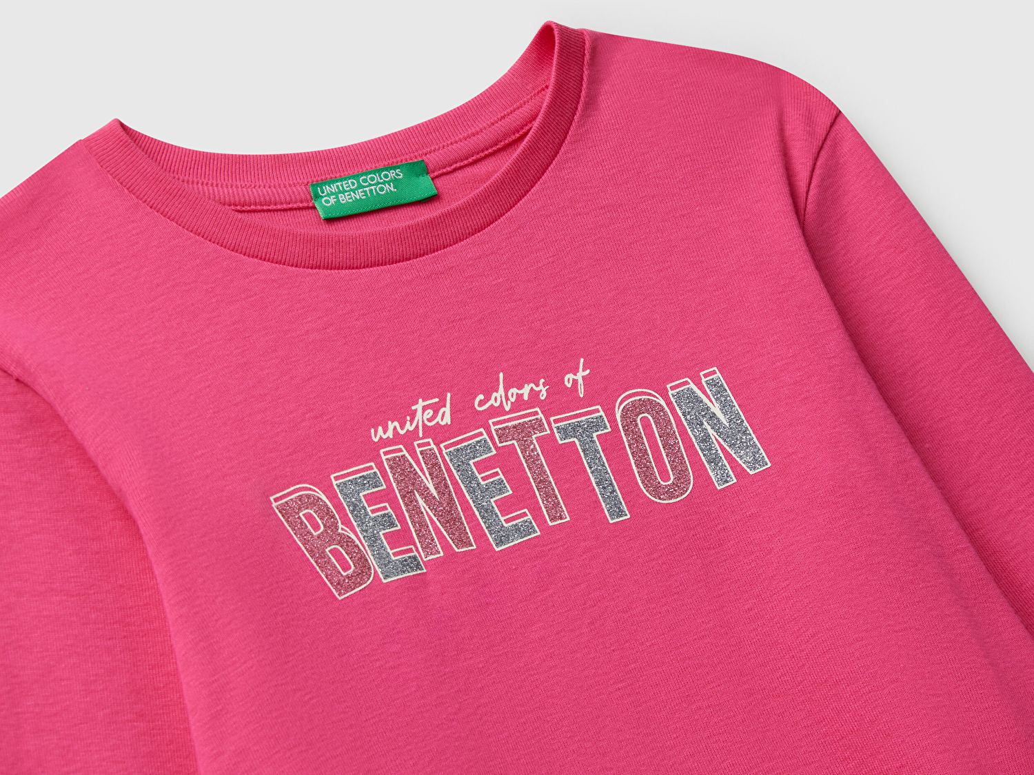Benetton Kız Çocuk Pembe Parıltılı Logo Baskılı Regular Fit Uzun Kollu T-shirt