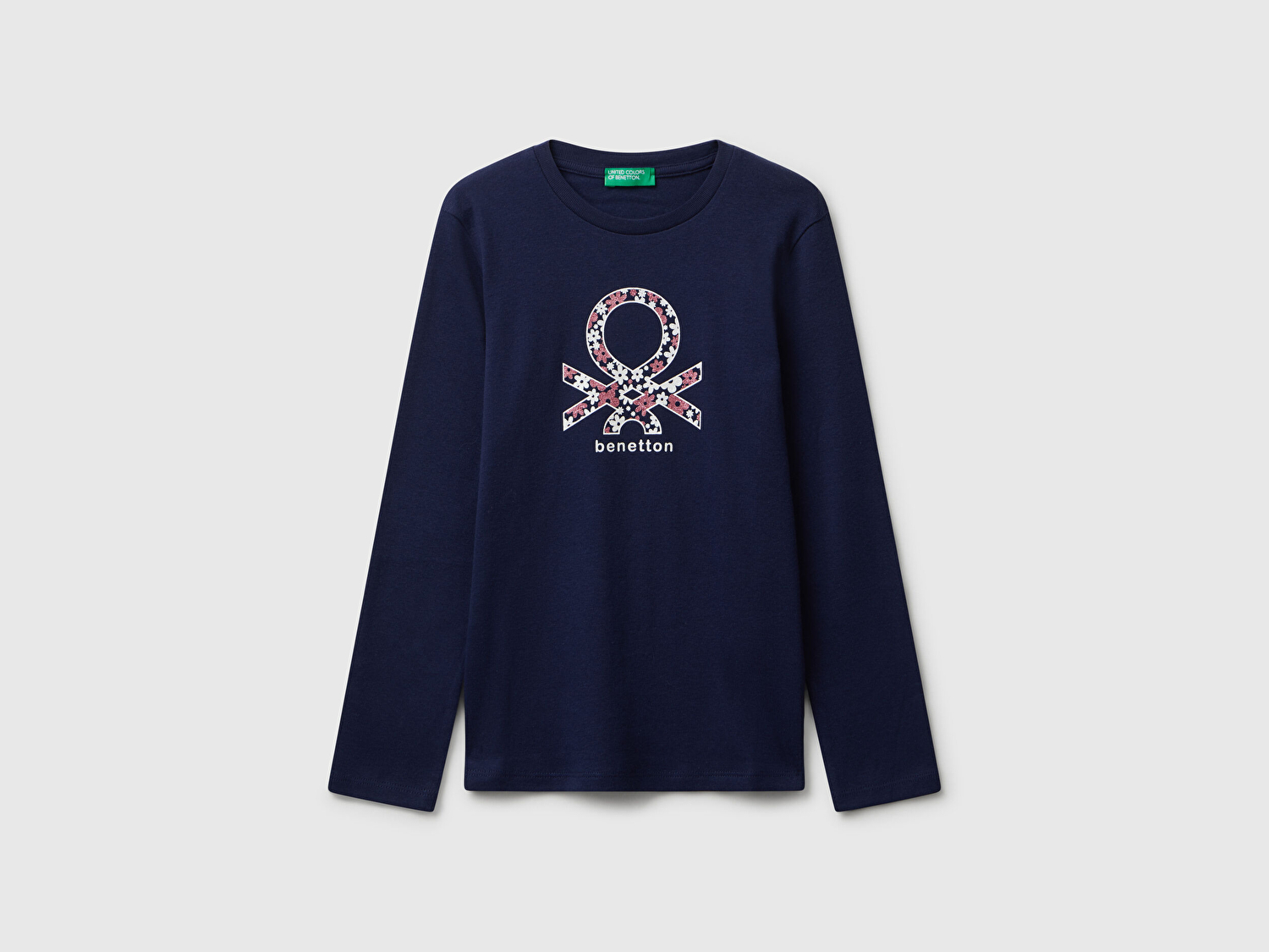 Benetton Kız Çocuk Lacivert Parıltılı Logo Baskılı Regular Fit Uzun Kollu T-shirt