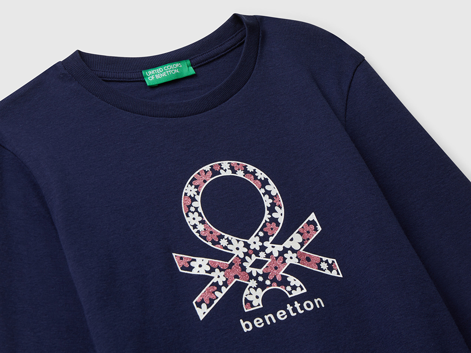 Benetton Kız Çocuk Lacivert Parıltılı Logo Baskılı Regular Fit Uzun Kollu T-shirt