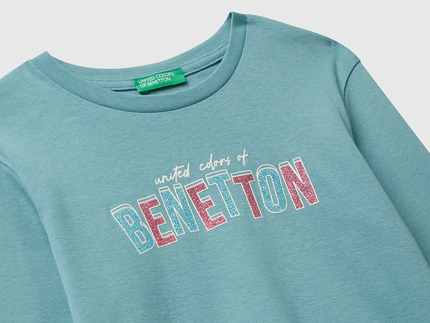 Benetton Kız Çocuk Gri-Yeşil Parıltılı Logo Baskılı Regular Fit Uzun Kollu T-shirt