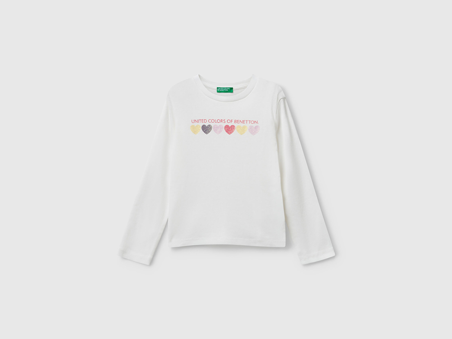 Benetton Kız Bebek Ekru Önü Parıltılı Logo Baskılı Slim Fit Uzun Kollu T-shirt