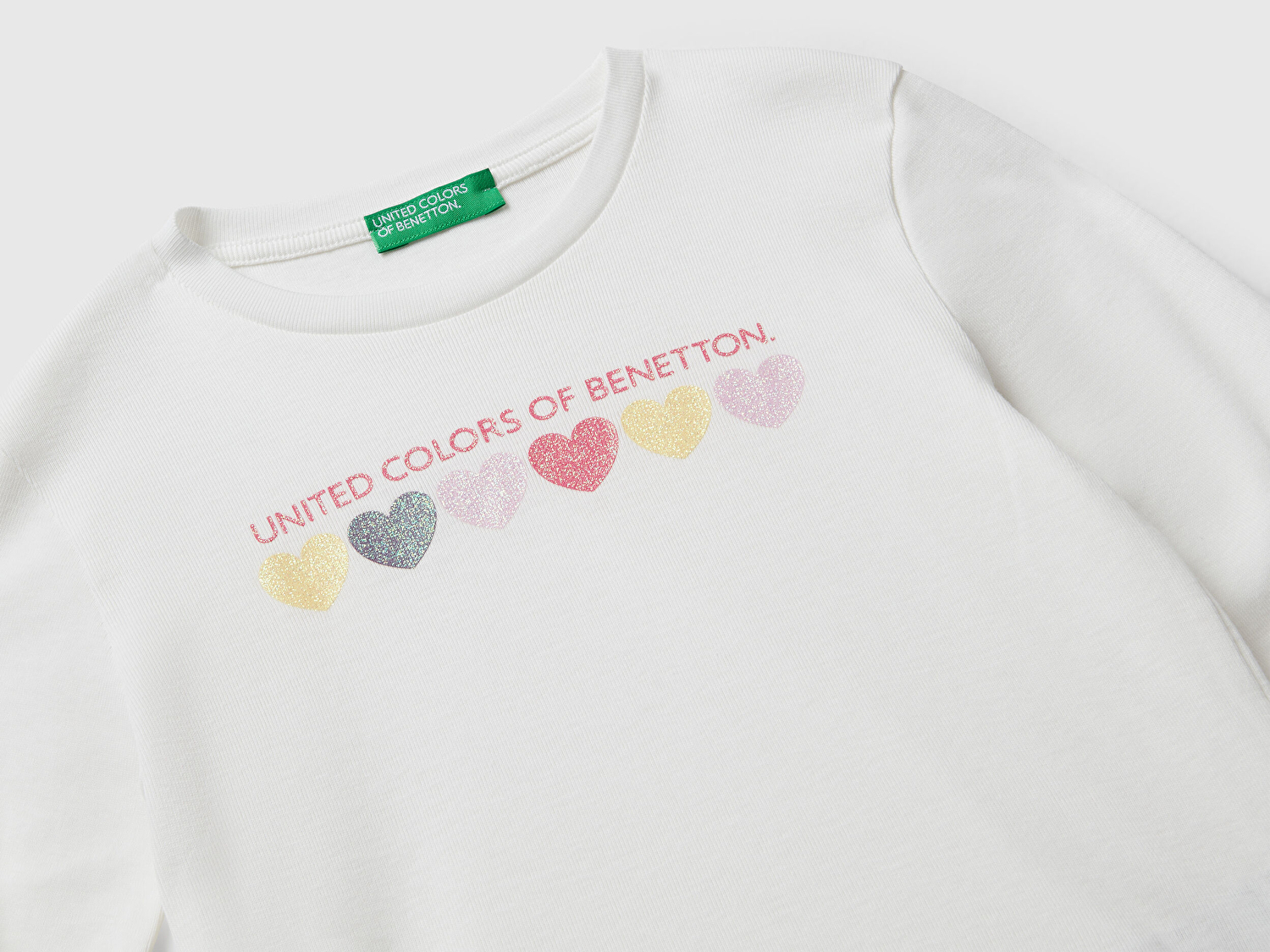 Benetton Kız Bebek Ekru Önü Parıltılı Logo Baskılı Slim Fit Uzun Kollu T-shirt