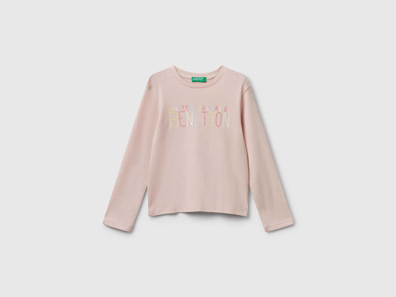 Benetton Kız Bebek Toz Pembe Önü Parıltılı Logo Baskılı Slim Fit Uzun Kollu T-shirt