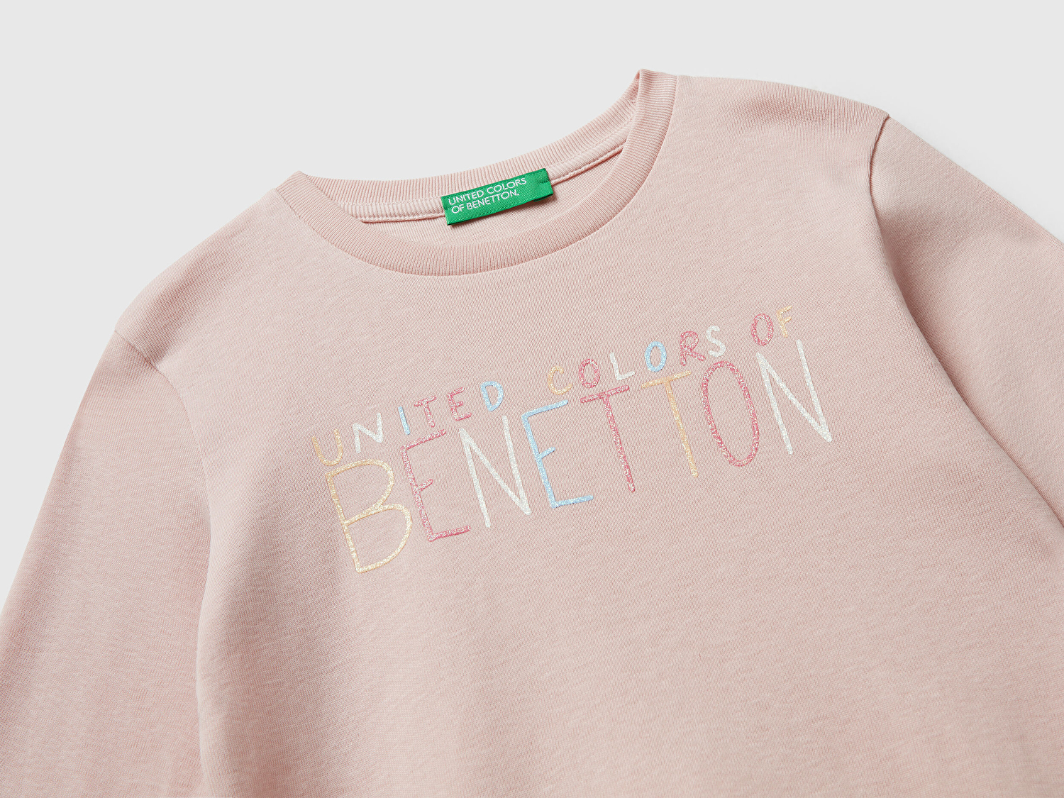 Benetton Kız Bebek Toz Pembe Önü Parıltılı Logo Baskılı Slim Fit Uzun Kollu T-shirt