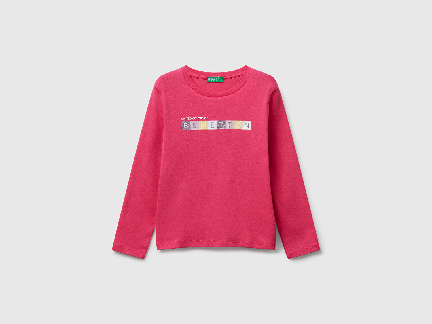 Benetton Kız Bebek Pembe Önü Parıltılı Logo Baskılı Slim Fit Uzun Kollu T-shirt