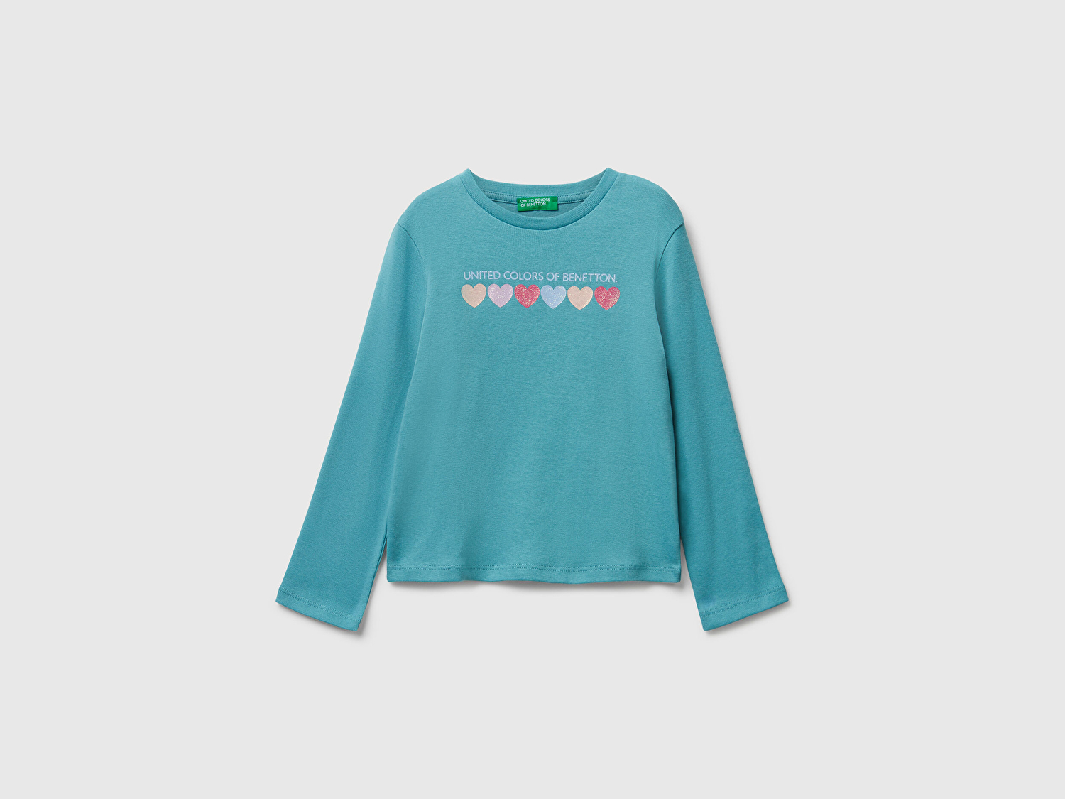 Benetton Kız Bebek Gri-Yeşil Önü Parıltılı Logo Baskılı Slim Fit Uzun Kollu T-shirt