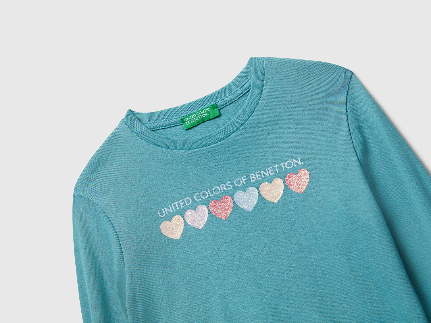 Benetton Kız Bebek Gri-Yeşil Önü Parıltılı Logo Baskılı Slim Fit Uzun Kollu T-shirt