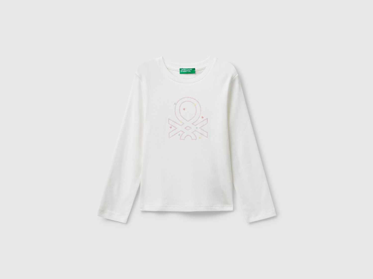 Benetton Kız Bebek Beyaz Önü Parıltılı Logo Baskılı Slim Fit Uzun Kollu T-shirt