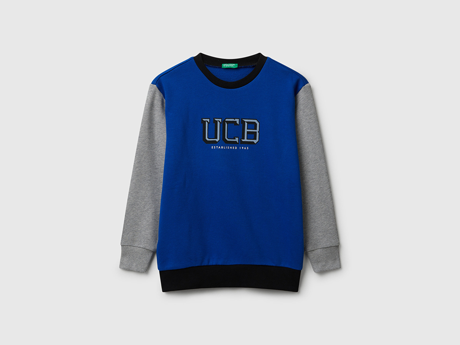 Benetton Erkek Çocuk Mavi-Gri Önü Logo Baskılı Bisiklet Yaka Regular Fit Sweatshirt
