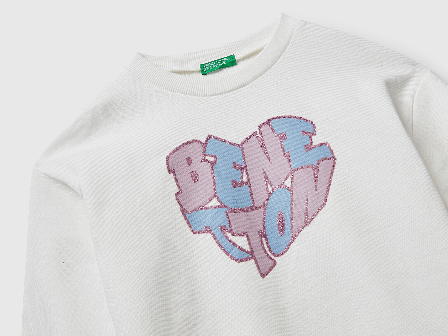Benetton Kız Çocuk Ekru Parıltılı Logo Baskılı Ribanalı Bisiklet Yaka Sweatshirt