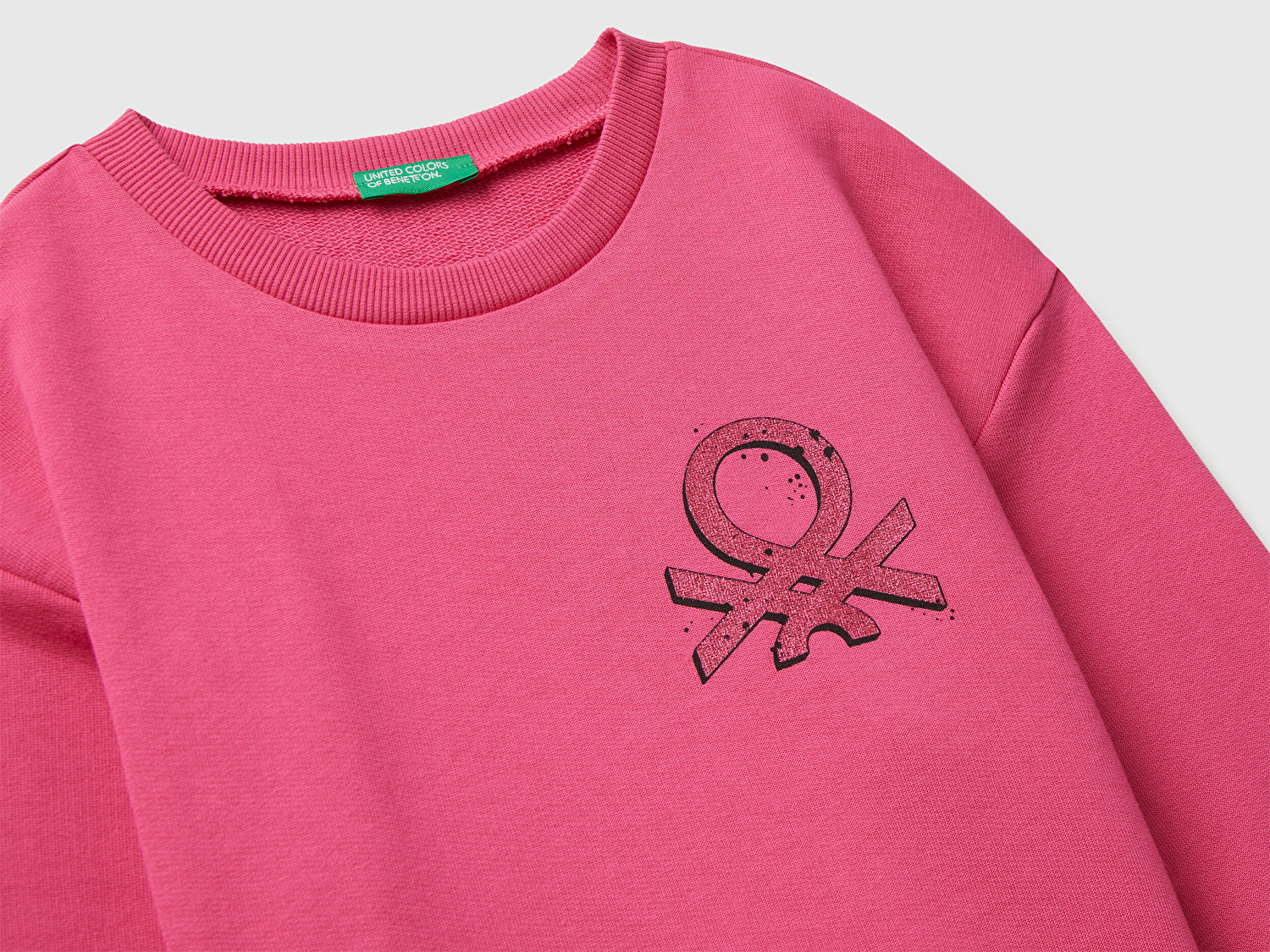 Benetton Kız Çocuk Pembe Parıltılı Logo Baskılı Ribanalı Bisiklet Yaka Sweatshirt