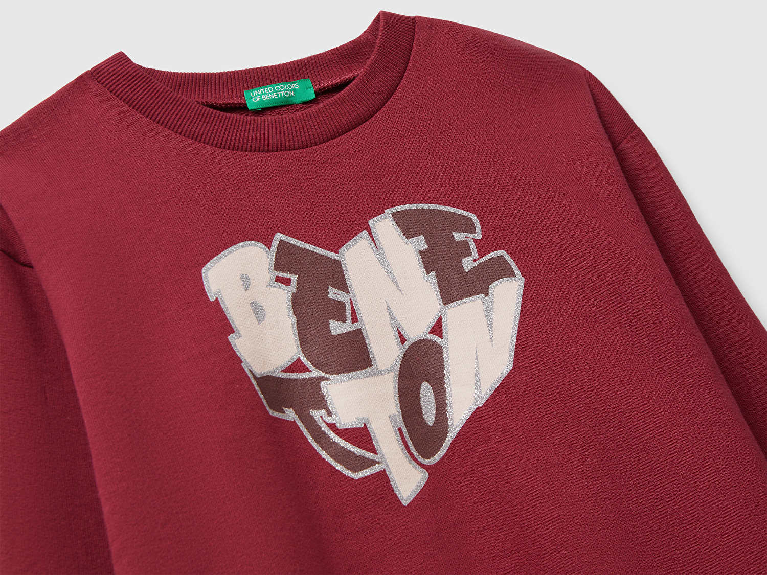 Benetton Kız Çocuk Bordo Parıltılı Logo Baskılı Ribanalı Bisiklet Yaka Sweatshirt