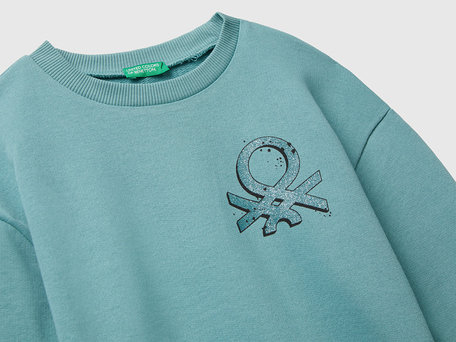 Benetton Kız Çocuk Gri-Yeşil Parıltılı Logo Baskılı Ribanalı Bisiklet Yaka Sweatshirt