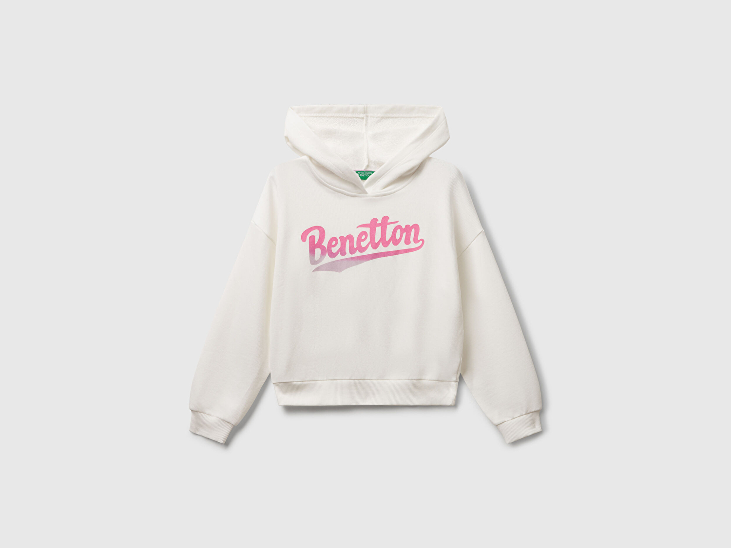 Benetton Kız Çocuk Ekru Önü Logo Baskılı Ribanalı Kapüşonlu Sweatshirt