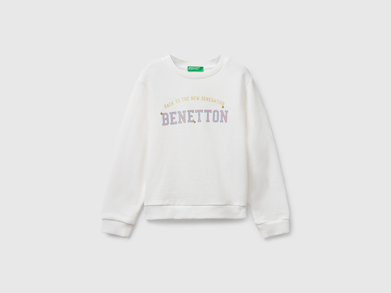 Benetton Kız Bebek Ekru Önü Simli Logo Baskılı Nervürlü Regular Fit Sweatshirt