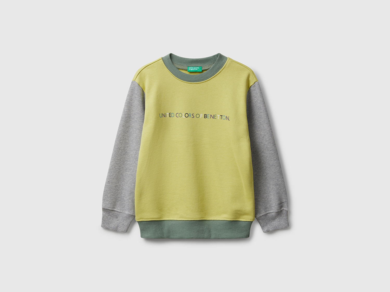 Benetton Erkek Bebek Sarı-Gri Önü Logo Baskılı Bisiklet Yaka Sweatshirt