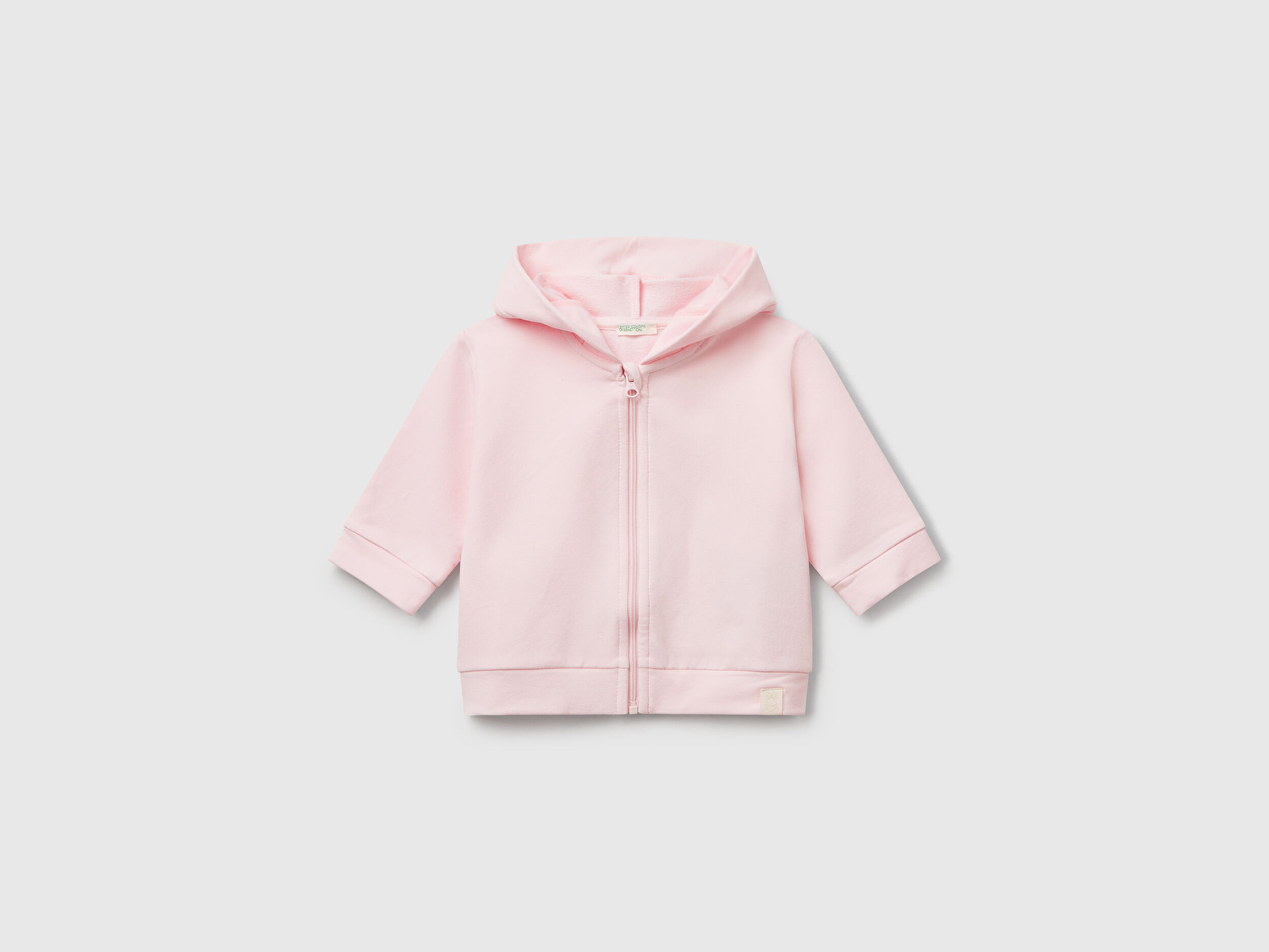 Benetton Bebek Pembe Logo Etiketli Fermuarlı Kulaklı Kapüşonlu Sweatshirt