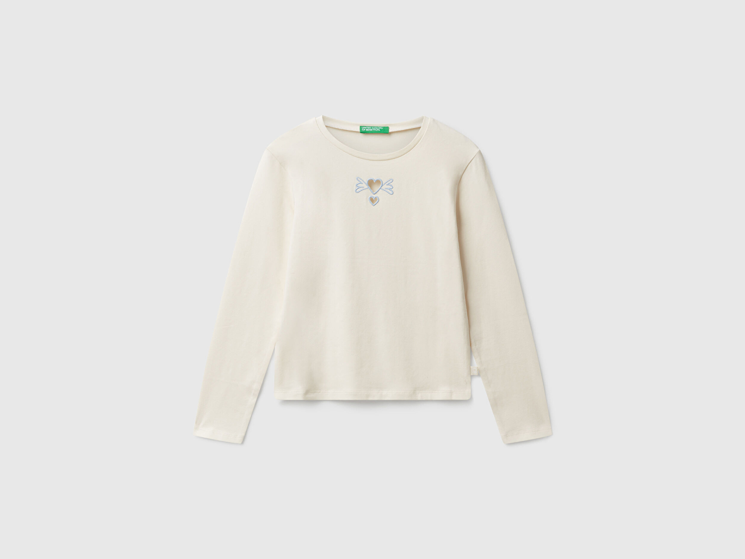 Benetton Kız Çocuk Ekru Önü Baskılı Logo Etiketli Jarse Uzun Kollu T-shirt