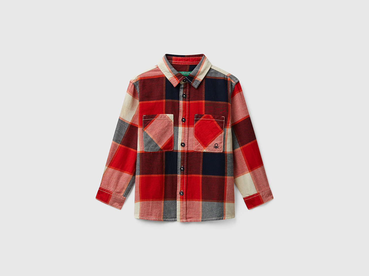 Benetton Erkek Bebek Kırmızı Mix Kareli Logo İşlemeli Göğüs Cepli Oversize Gömlek