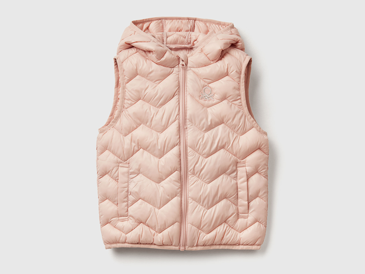 Benetton Kız Bebek Toz Pembe Simli Logo İşlemeli Kapüşonlu Yelek