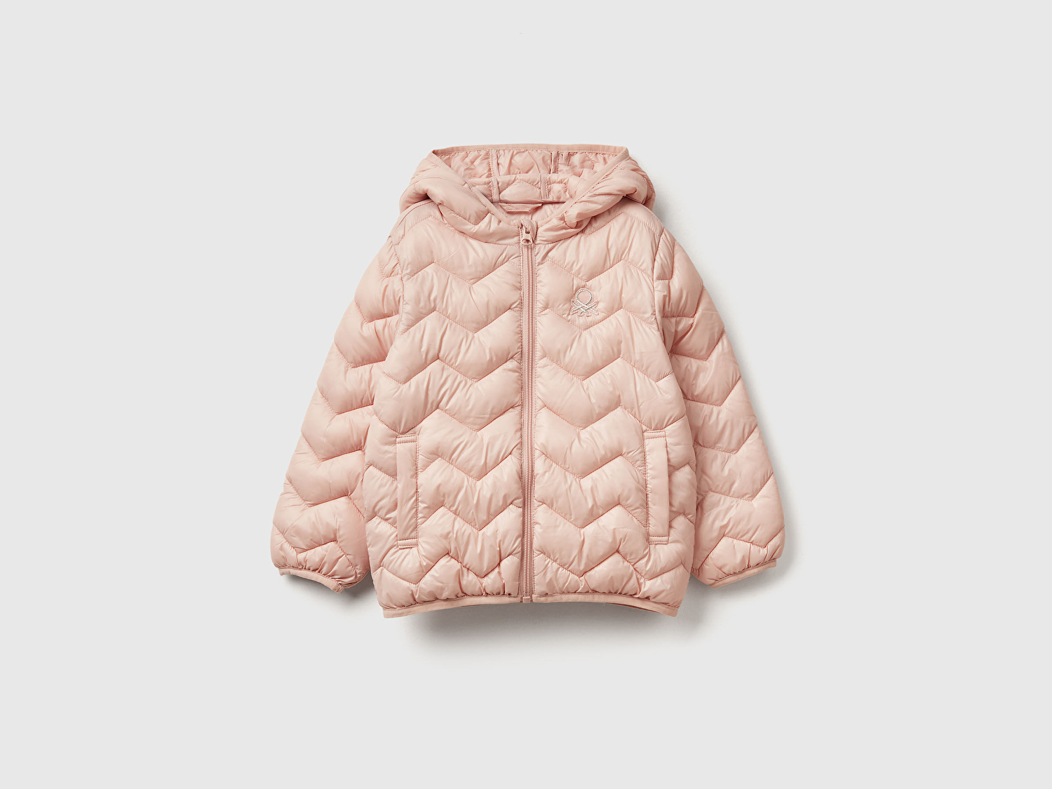 Benetton Kız Bebek Toz Pembe Simli Logo İşlemeli Kapüşonlu Mevsimlik İnce Mont