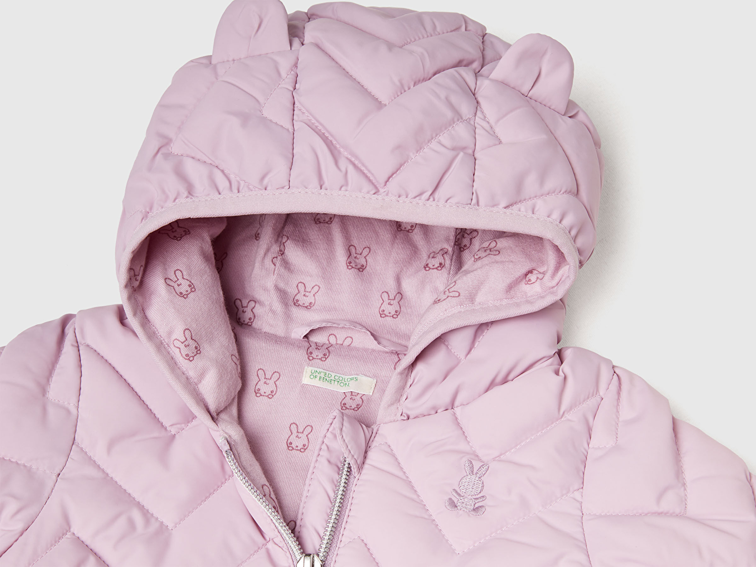 Benetton Bebek Lila Zikzak Dikişli Tavşan Kulak Kapüşonlu Mevsimlik İnce Mont