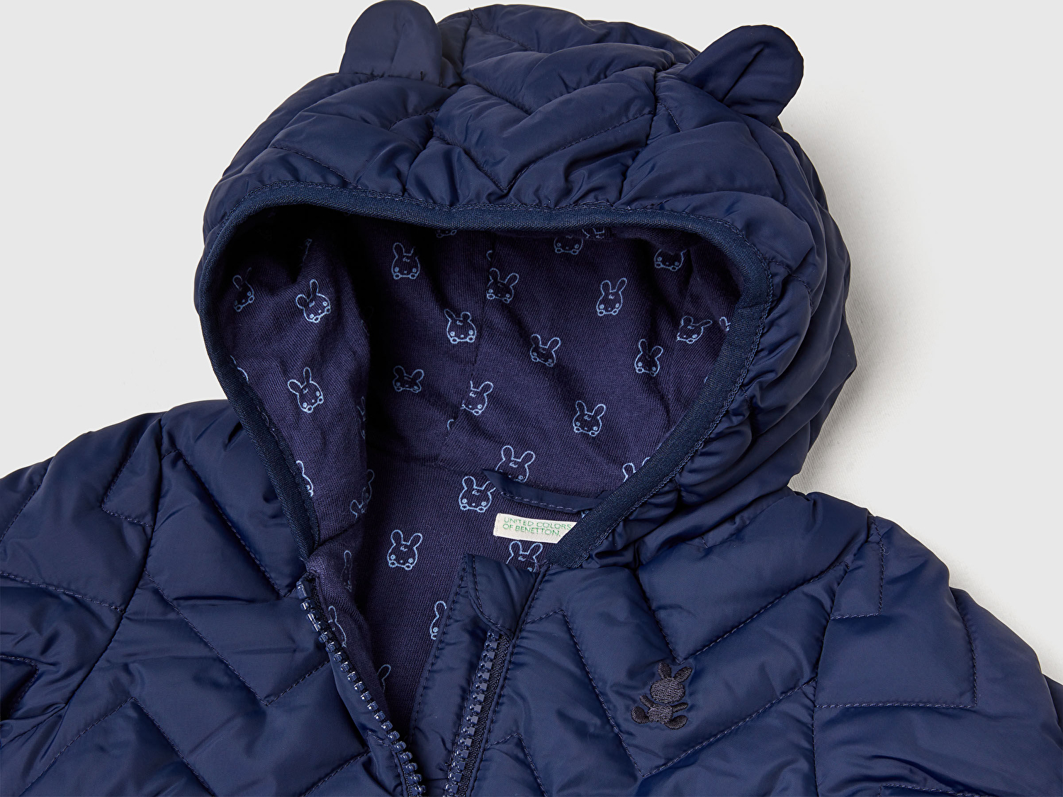Benetton Bebek Lacivert Zikzak Dikişli Tavşan Kulak Kapüşonlu Mevsimlik İnce Mont