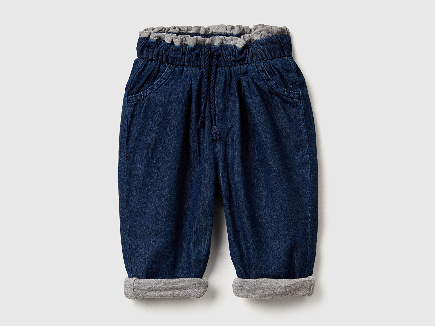 Benetton Bebek Lacivert Logo Etiketli Astarlı Beli Lastikli İpli Denim Pantolon
