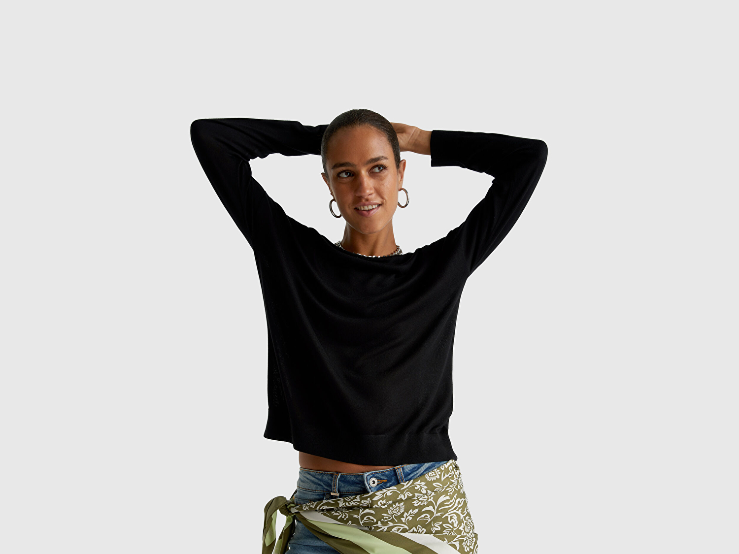 Benetton Kadın Sİyah %100 Viskoz Kayık Yaka Kazak